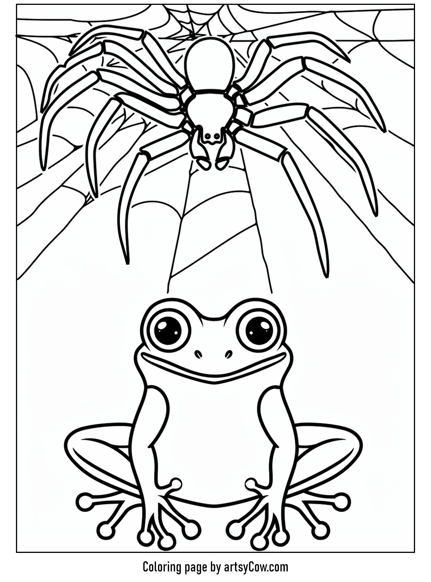 a friendly frog sitting beneath a large spider hanging from a web